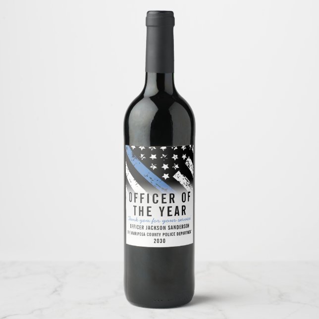 Police Employee of the Year Thin Blue Line Flag Wine Label (Front)