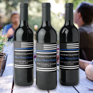 Police Graduation Academy Thin Blue Line Flag Wine Label