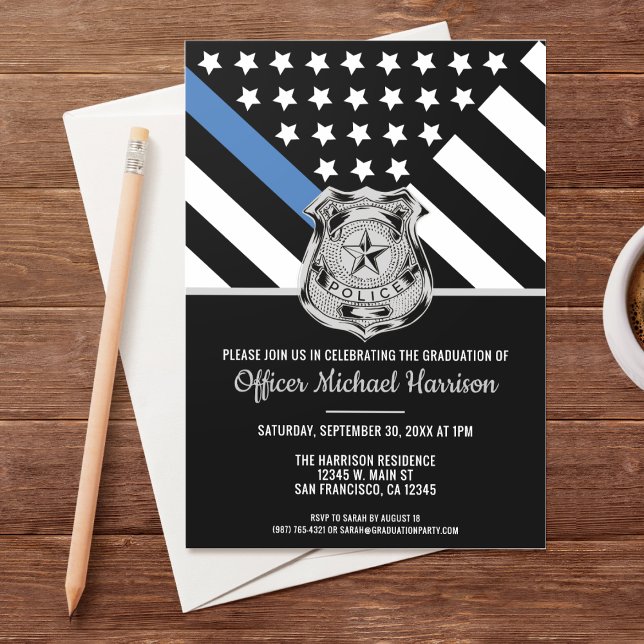 Police Graduation Blue Line Flag Law Enforcement Invitation (Invite all your family and friends to celebrate the police academy graduation of the new officer!)