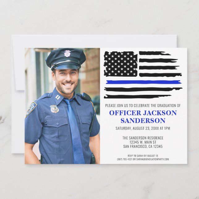 Police Graduation Blue Line Law Enforcement Photo Invitation (Front)