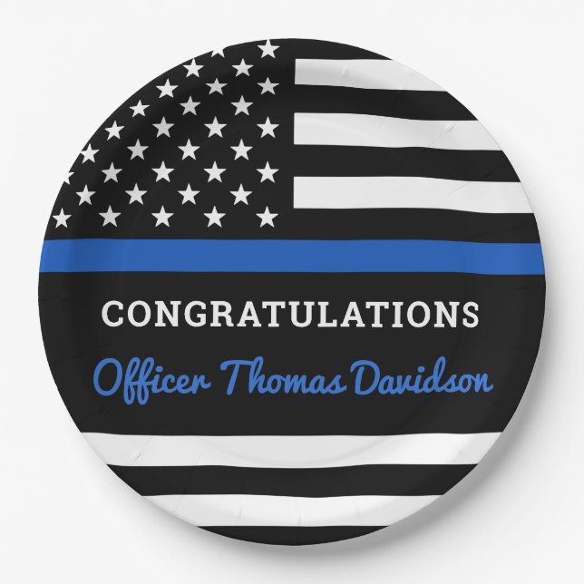 Police Graduation Party Modern Thin Blue Line Flag Paper Plate (Front)