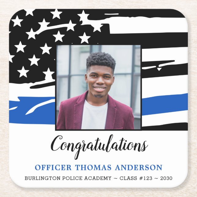 Police Graduation Party Photo Thin Blue Line Square Paper Coaster (Front)