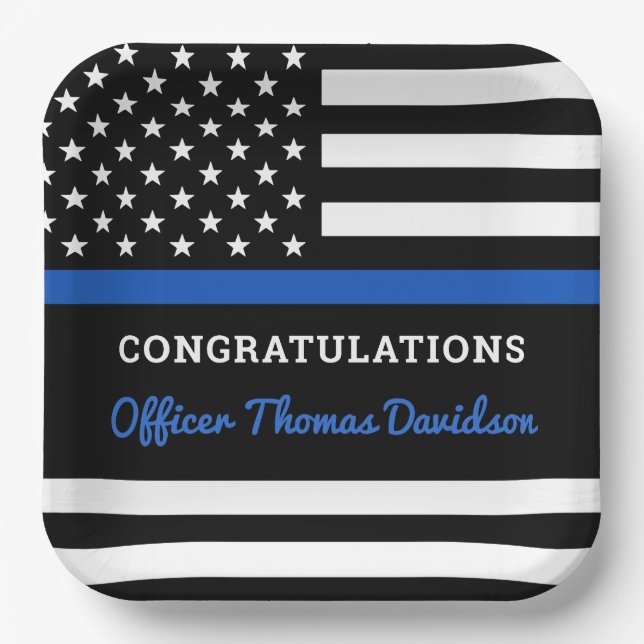 Police Graduation Party Thin Blue Line Flag Paper Plate (Front)