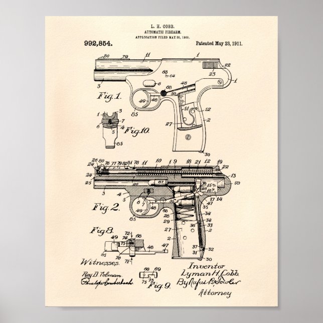 Police Gun 1911 Patent Art - Old Peper Poster (Front)