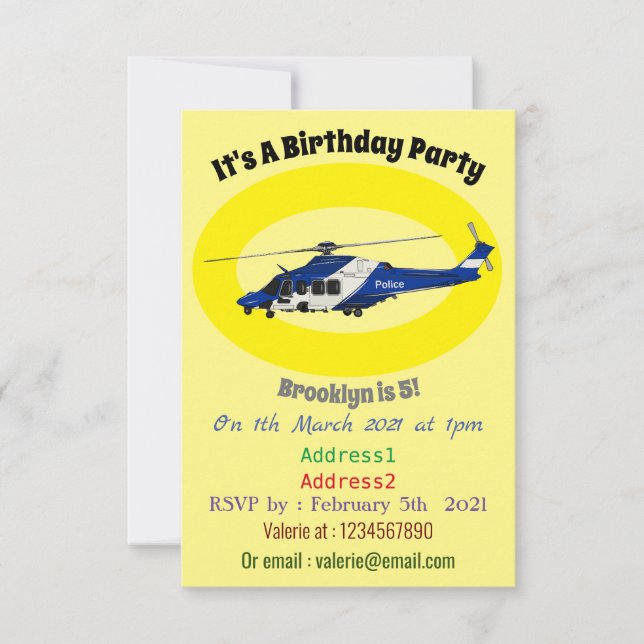 Police helicopter cartoon illustration invitation (Front)