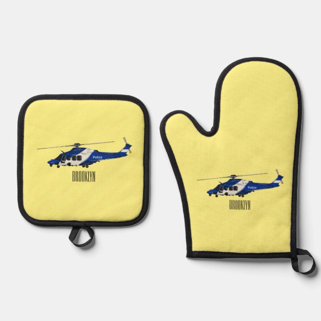 Police helicopter cartoon illustration  oven mitt & pot holder set (Front)