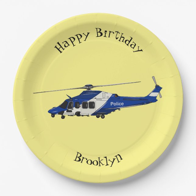 Police helicopter cartoon illustration paper plate (Front)