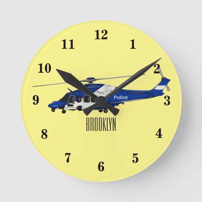 Police helicopter cartoon illustration  round clock (Front)