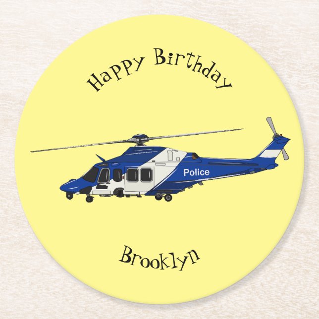 Police helicopter cartoon illustration round paper coaster (Front)