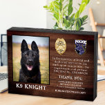 Police K9 Retirement Law Enforcement Dog Award Wooden Box Sign<br><div class="desc">Honour your best partner and police dog for his dedicated years of service with this Thin Blue Line Police Dog Retirement Appreciation Photo award plaque. Personalise with your police K9 officer's photo, name, personal message, service dates and service years. Also personalise with badge, department logo or seal. Perfect for police...</div>