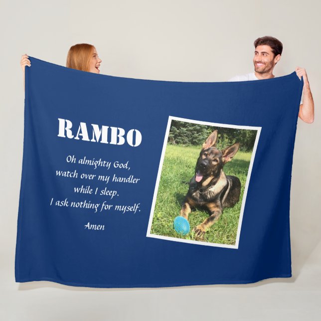 Police K-9 Personalised Photo K9 Prayer Blue Fleece Blanket (In Situ)