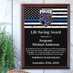 Police Life Saving Custom Logo Law Enforcement  Award Plaque