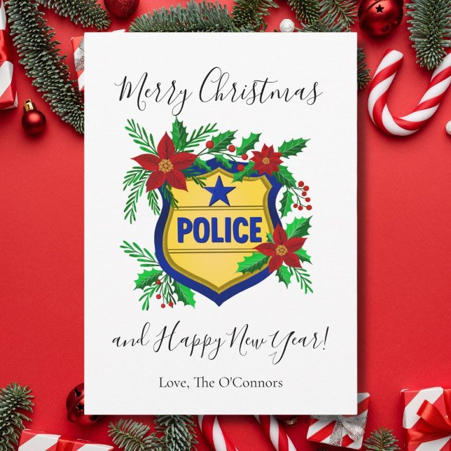 Police Merry Christmas & Happy New Year Shield Holiday Card (Creator Uploaded)