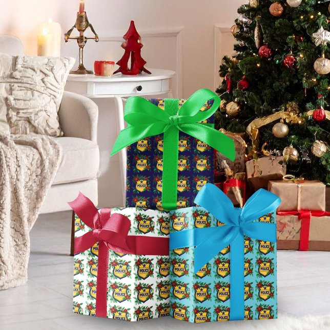 Police Merry Christmas Shield with Poinsettia  Wrapping Paper Sheet (Creator Uploaded)