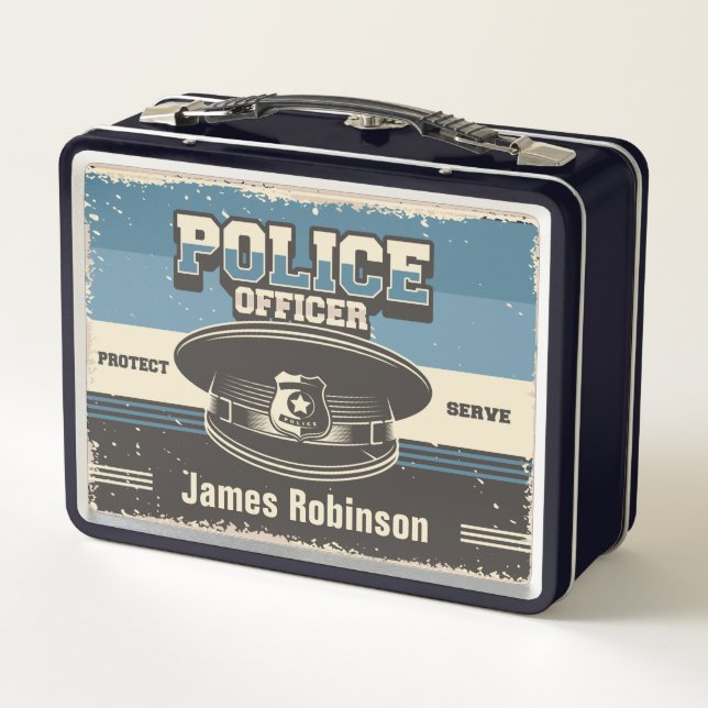 Police Officer Aged Hat Personalised Metal Lunch Box (Back)