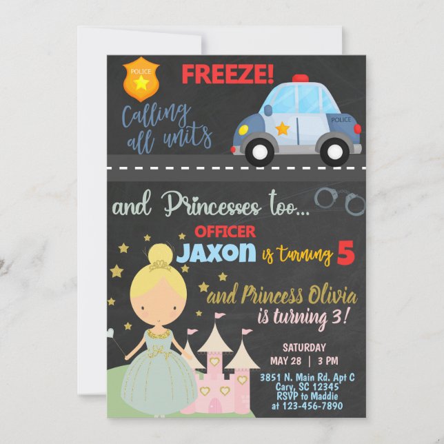 Police Officer and Princess siblings invitation. Invitation (Front)