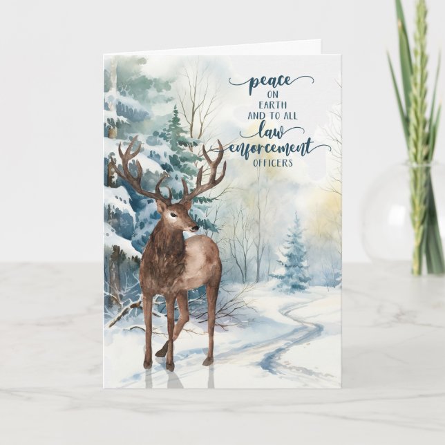Police Officer at Christmas Reindeer Winter Forest Holiday Card (Front)