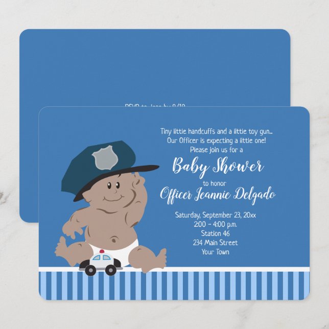 Police Officer Baby Cop Invitations Dark Skin (Front/Back)