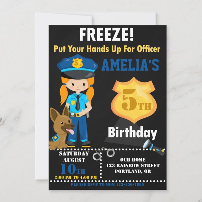 Police officer birthday invitation Cops party (Front)