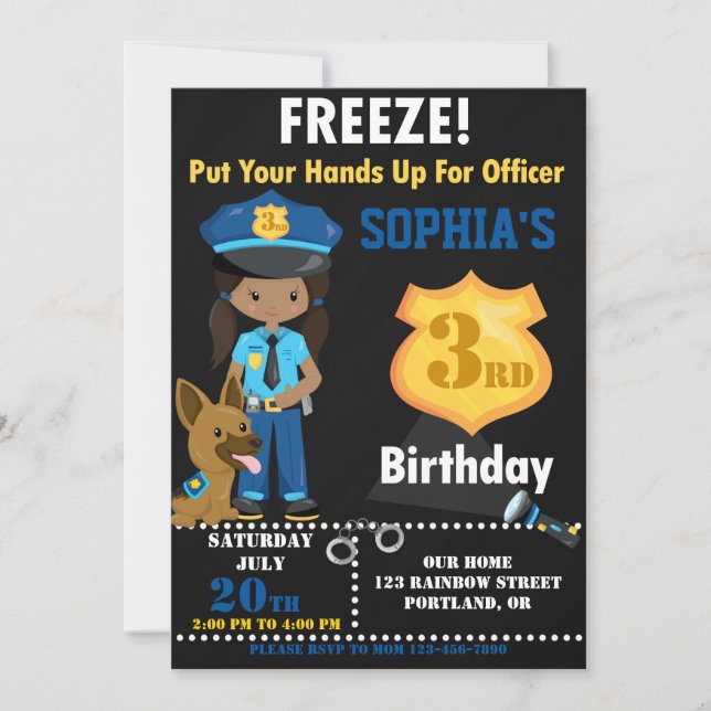 Police officer birthday invitation Girl party (Front)