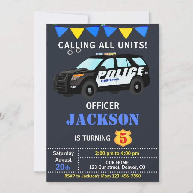 Police officer birthday invitation Police car unit (Front)