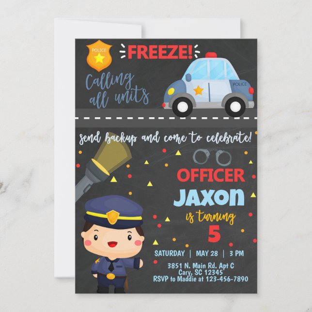 Police Officer boy birthday invitation, invite. In Invitation (Front)