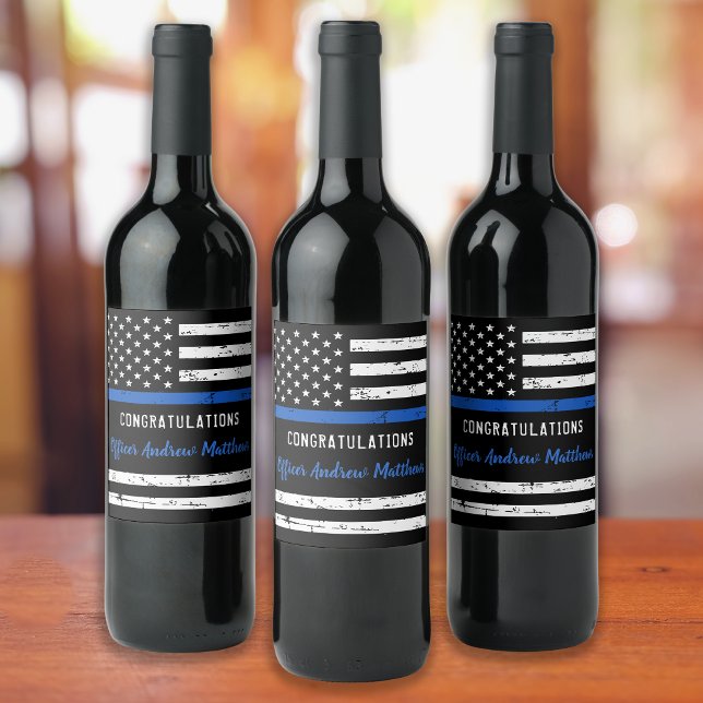 Police Officer Congratulations Thin Blue Line Flag Wine Label (Creator Uploaded)