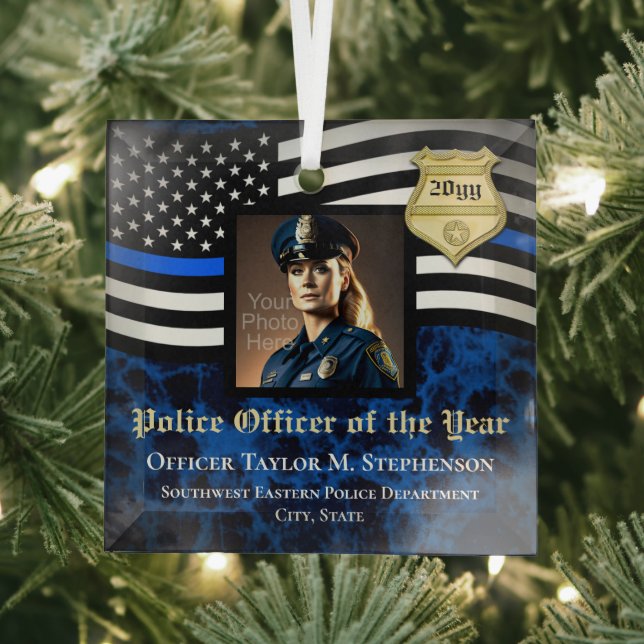Police Officer Custom Law Enforcement Photo Glass Tree Decoration (Insitu)