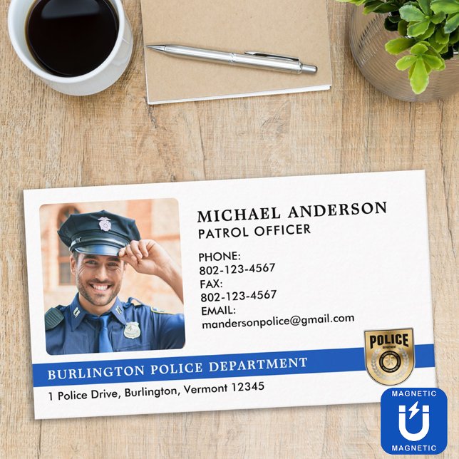 Police Officer Custom Law Enforcement Photo Logo Magnetic Business Card (Creator Uploaded)