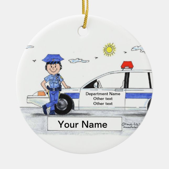 Police Officer, Female - Personalised Cartoon Gift Ceramic Tree Decoration (Front)