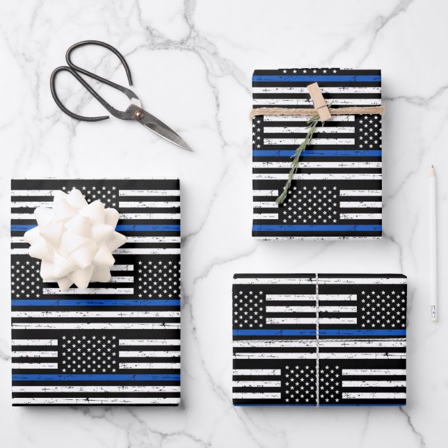 Police Officer Gifts American Flag Thin Blue Line Wrapping Paper Sheet (Front)