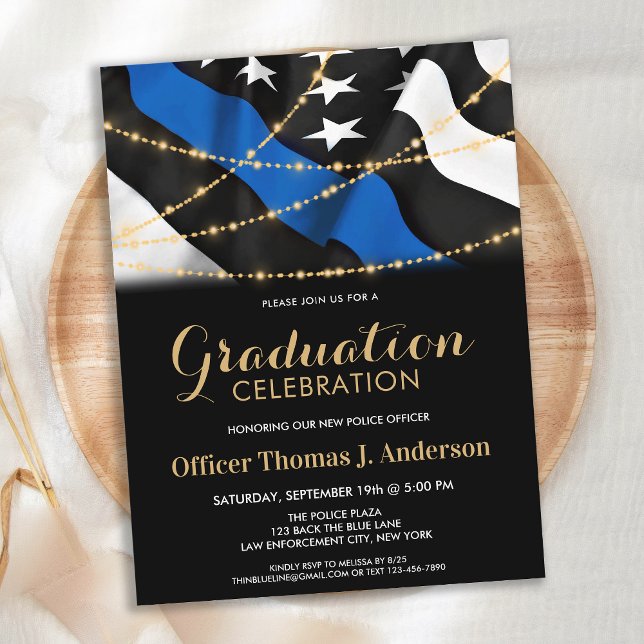 Police Officer Graduation Party Thin Blue Line  Invitation Postcard (Creator Uploaded)