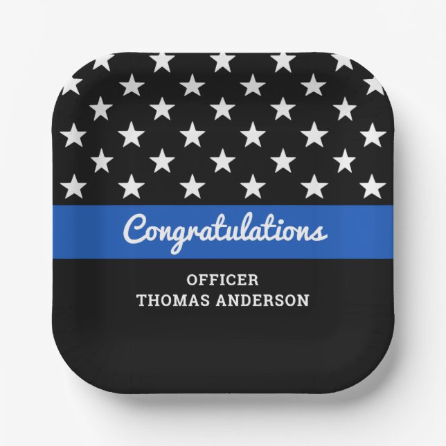 Police Officer Graduation Thin Blue Line Party Paper Plate (Front)