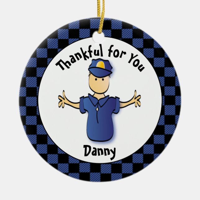 Police Officer Male Cartoon Personalize Thank You  Ceramic Tree Decoration (Front)