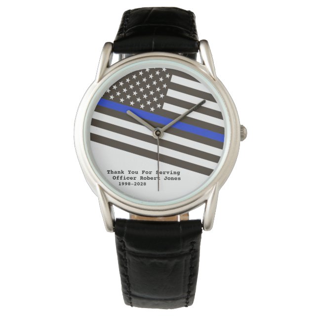 *~* Police Officer Man Thin Blue Line Flag Men Watch (Front)