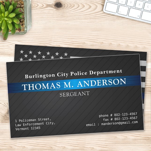Police Officer Modern Thin Blue Line Metallic Dept Business Card (Creator Uploaded)