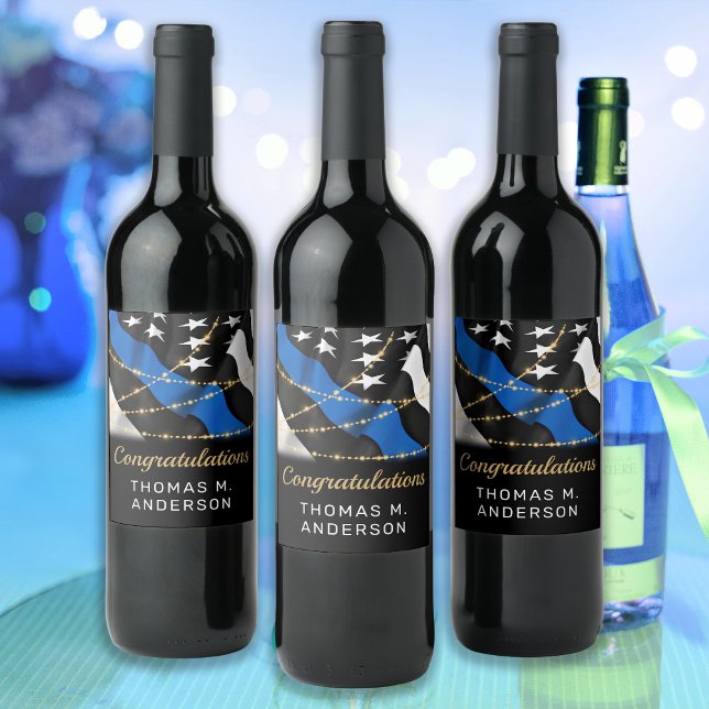 Police Officer Party Congratulations Blue Gold Wine Label (Creator Uploaded)
