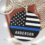 Police Officer Personalised Name Thin Blue Line  Key Ring<br><div class="desc">Personalised Thin Blue Line Keychain - American flag in Police Flag colours, modern black blue design . Personalise with Officer's name, or department. This personalised police keychain is perfect for police departments, or as a memorial keepsake. COPYRIGHT © 2020 Judy Burrows, Black Dog Art - All Rights Reserved. Police Officer...</div>