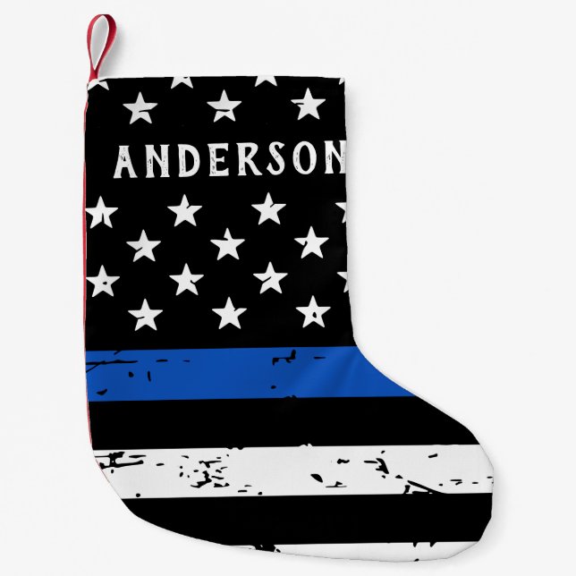 Police Officer Personalised Thin Blue Line Flag Small Christmas Stocking (Front)