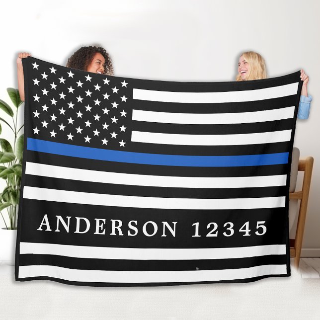 Police  Officer Personalised Thin Blue Line Fleece Blanket (Creator Uploaded)