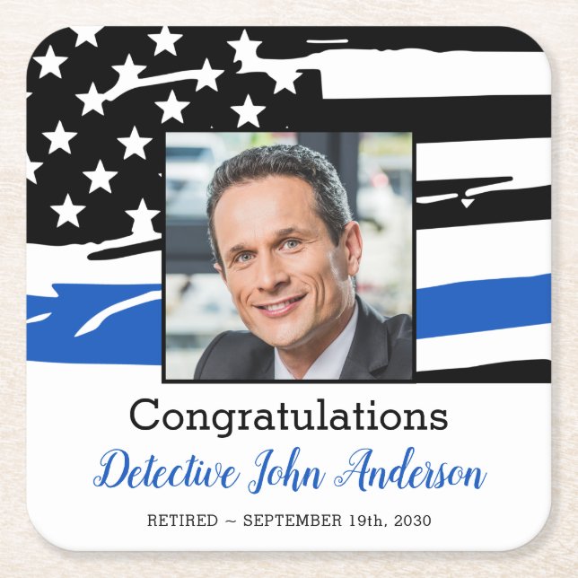Police Officer Photo Thin Blue Line Retirement  Square Paper Coaster (Front)