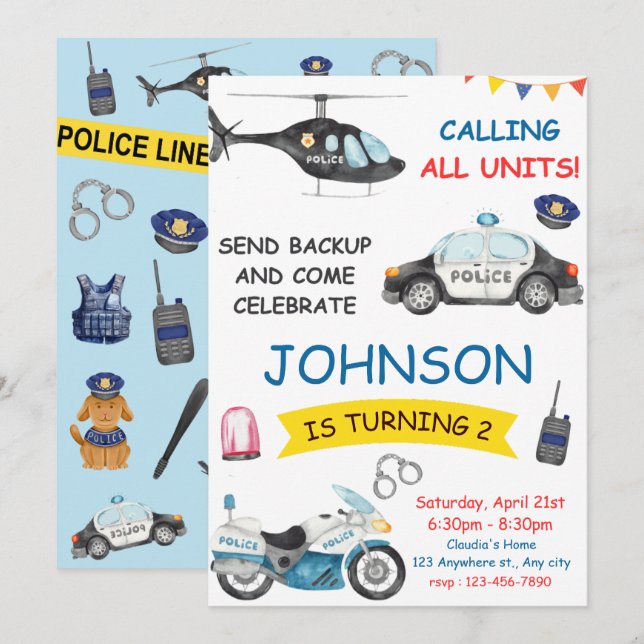 Police Officer Policeman Birthday Party  Invitation (Front/Back)