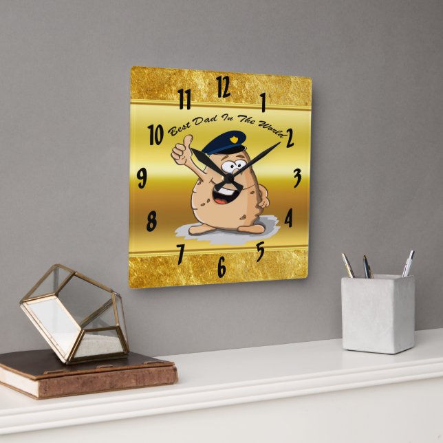 Police officer potato with a blue police hat square wall clock (Office)