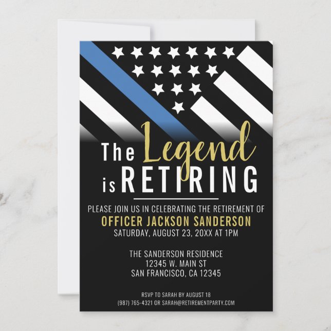 Police Officer Retirement Blue Line Themed Flag Invitation (Front)