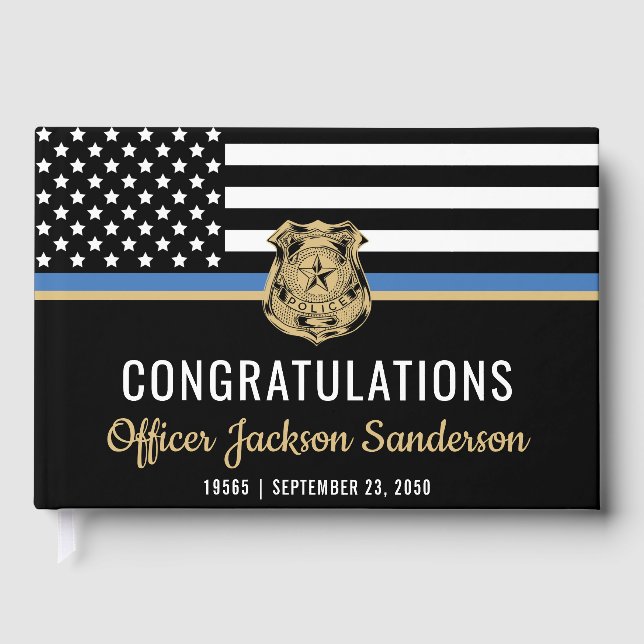 Police Officer Retirement Party Blue Line Flag Guest Book (Front)