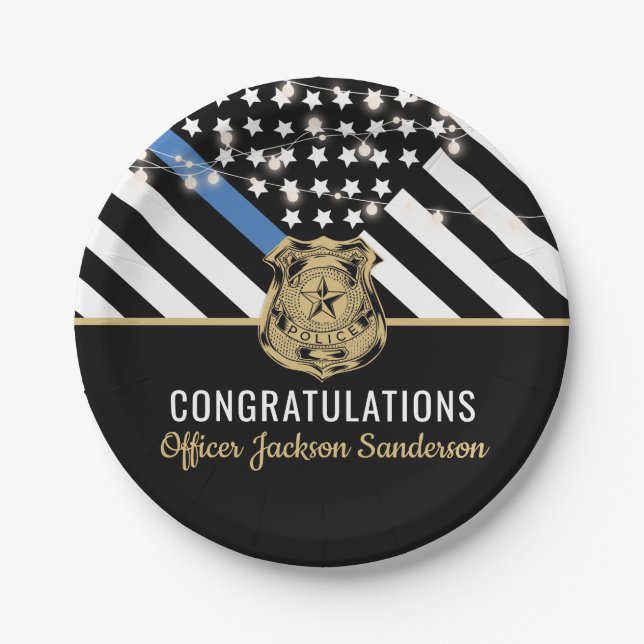 Police Officer Retirement Party Thin Blue Line Paper Plate (Front)