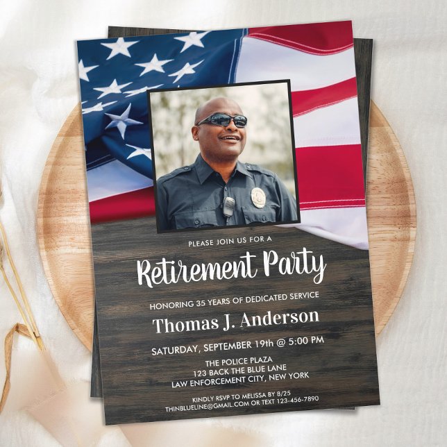 Police Officer Retirement Photo American Flag Invi Invitation (Creator Uploaded)