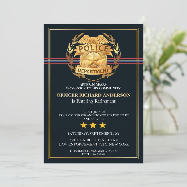 Police Officer Retirement WIith Gold Badge Shield  Invitation (Standing Front)