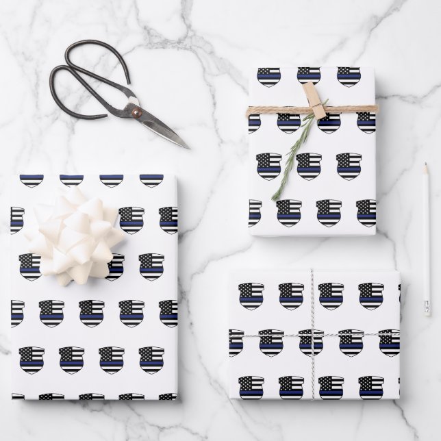 Police Officer Thin Blue Line Cop Police Badge Wrapping Paper Sheet (Front)