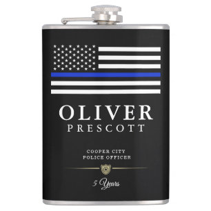 Police Officer Thin Blue Line Themed Black Hip Flask